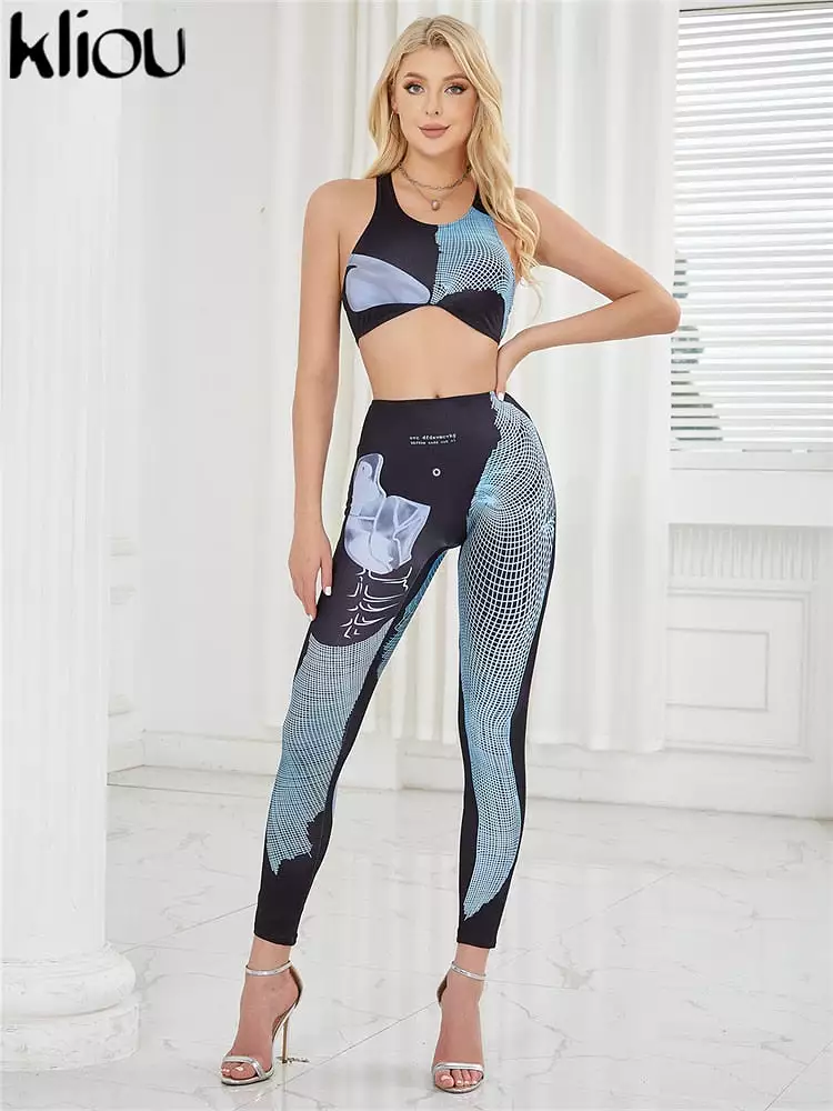 3D Digital Print Two Piece Set Women Summer Sleeveless Workout Cropped Vest+Matching Skinny Trousers Girls Fitness Outfits