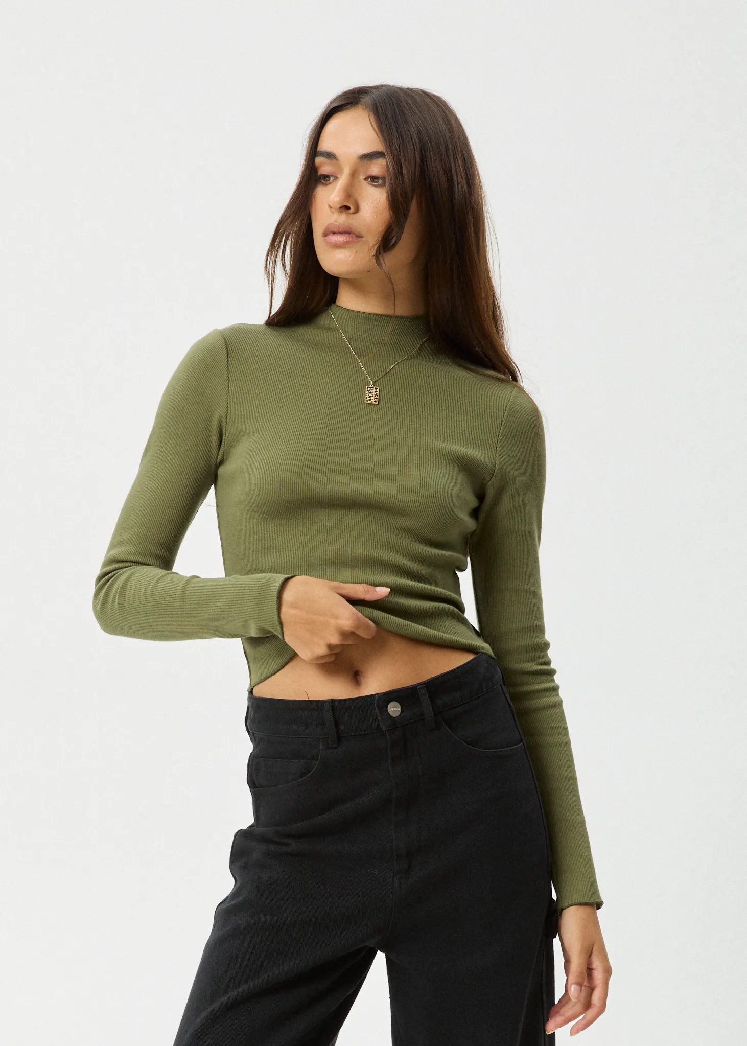 AFENDS Womens Iconic - Long Sleeve Ribbed Top - Military