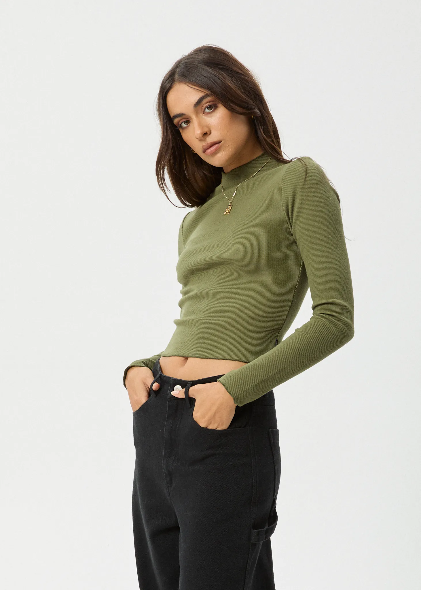 AFENDS Womens Iconic - Long Sleeve Ribbed Top - Military