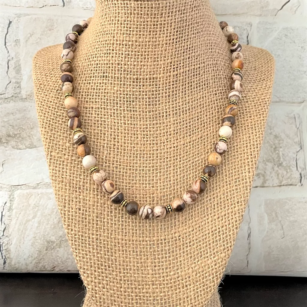 Austrian Brown Agate and Gold Mens Beaded Necklace