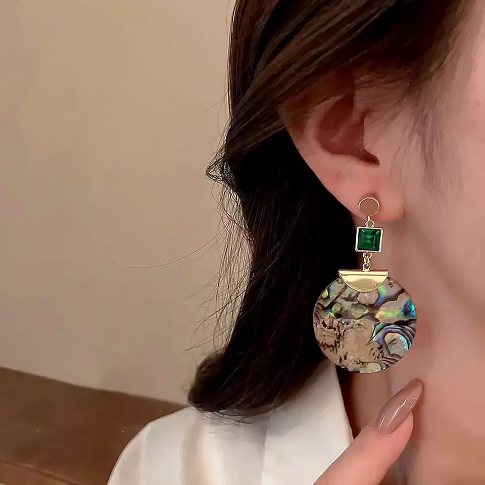 Big Long Round Abalone Shell Drop Earrings for Women