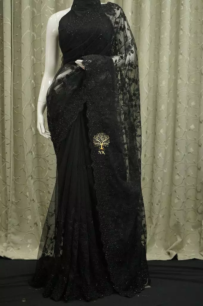 Black  Beautiful designer soft net saree with chikankari work all over highlighted with diamond work-ANI001PSBL