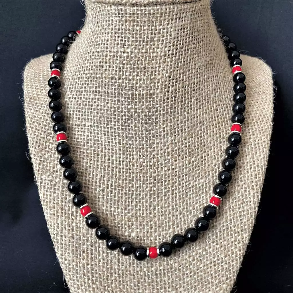 Black Onyx Red and Silver Mens Beaded Necklace