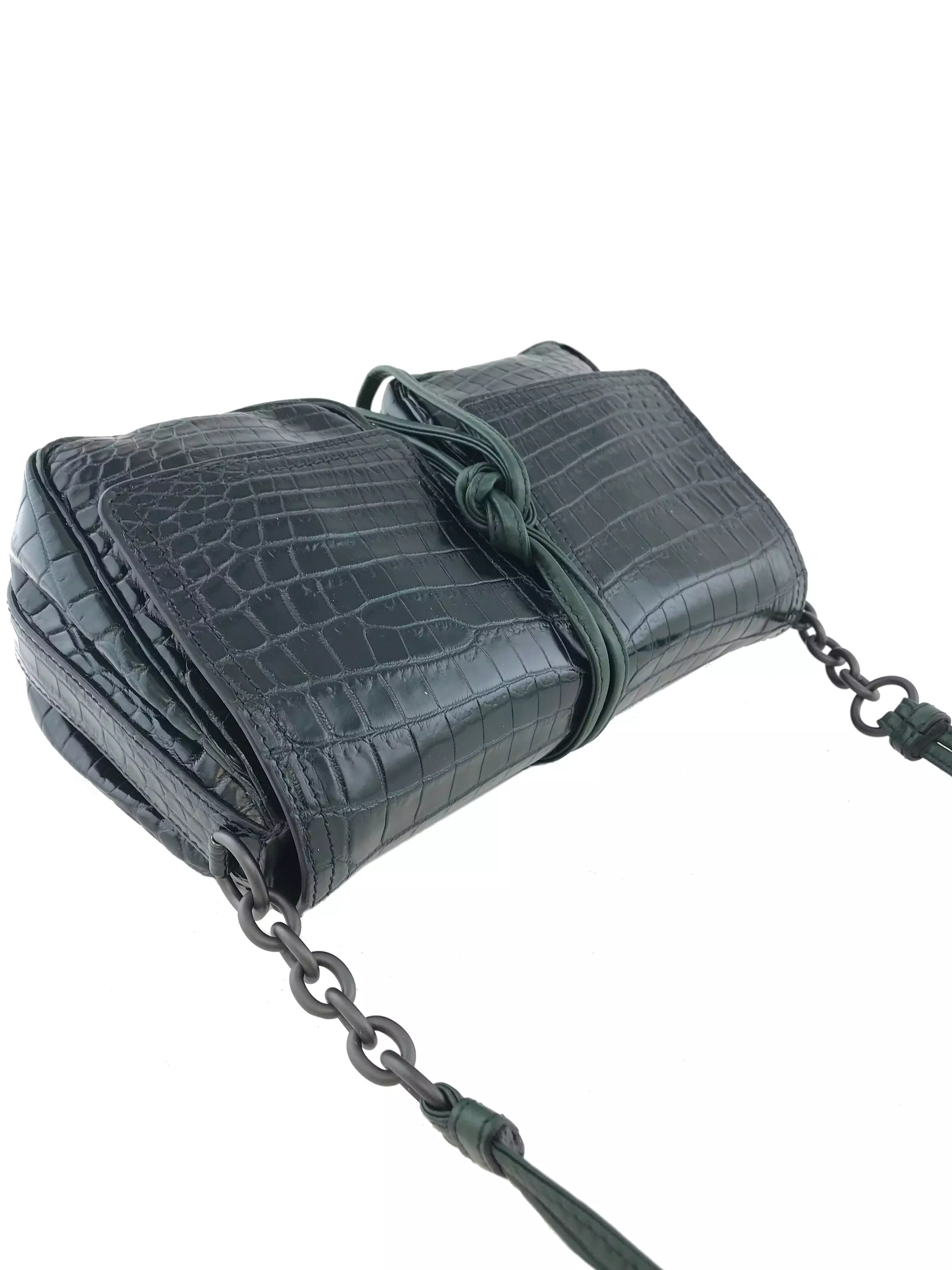 Bottega Veneta Dark Green Crocodile Flap Bag NEW