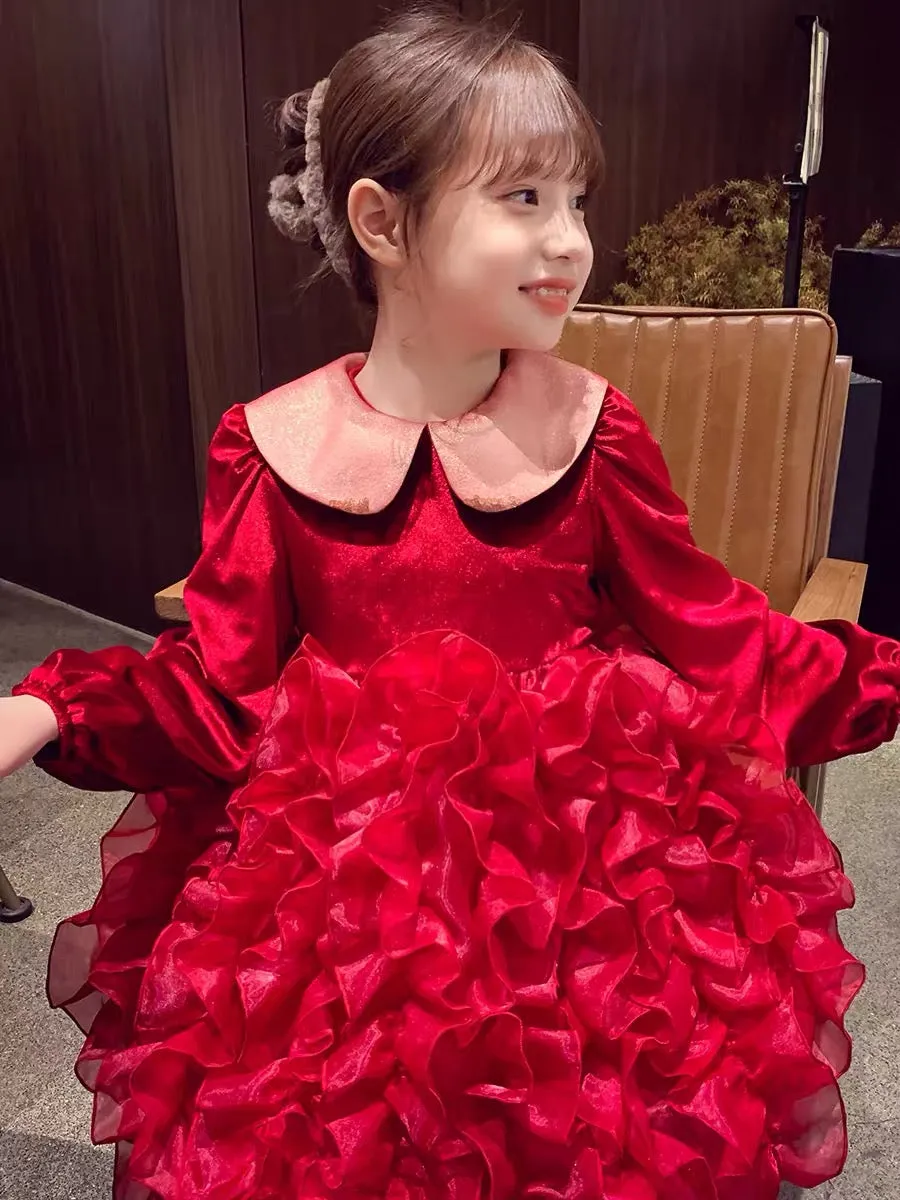 Girls Dress Winter Wear 2023 New Style Children's Mesh Princess Dress Little Girl Red Dress New Year's Dress