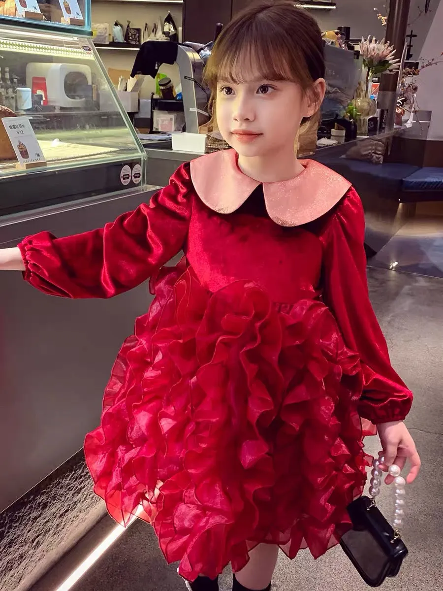 Girls Dress Winter Wear 2023 New Style Children's Mesh Princess Dress Little Girl Red Dress New Year's Dress