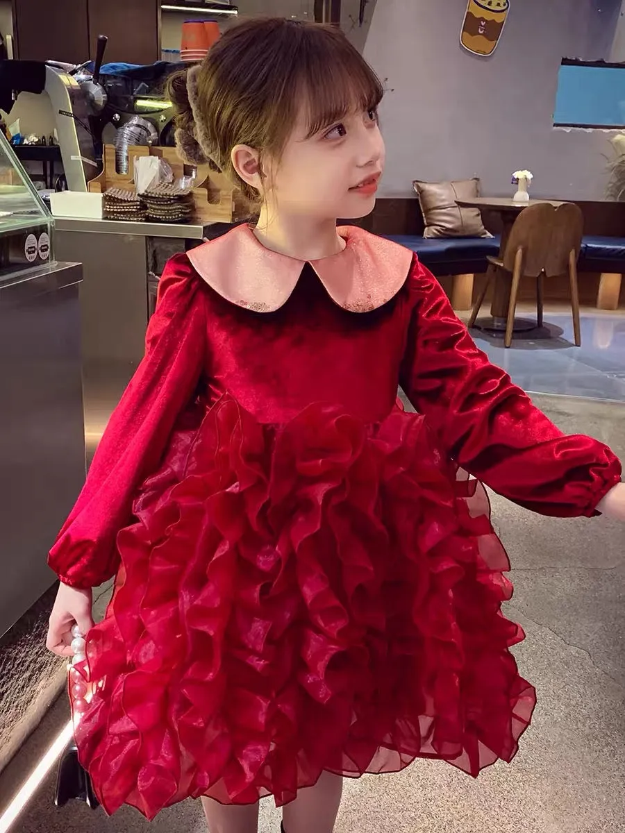 Girls Dress Winter Wear 2023 New Style Children's Mesh Princess Dress Little Girl Red Dress New Year's Dress