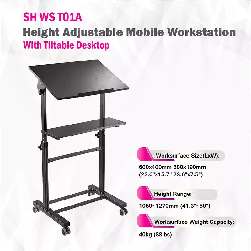 Height Adjustable Mobile Workstation With Tiltable Desktop Mount SH-WS-T01A