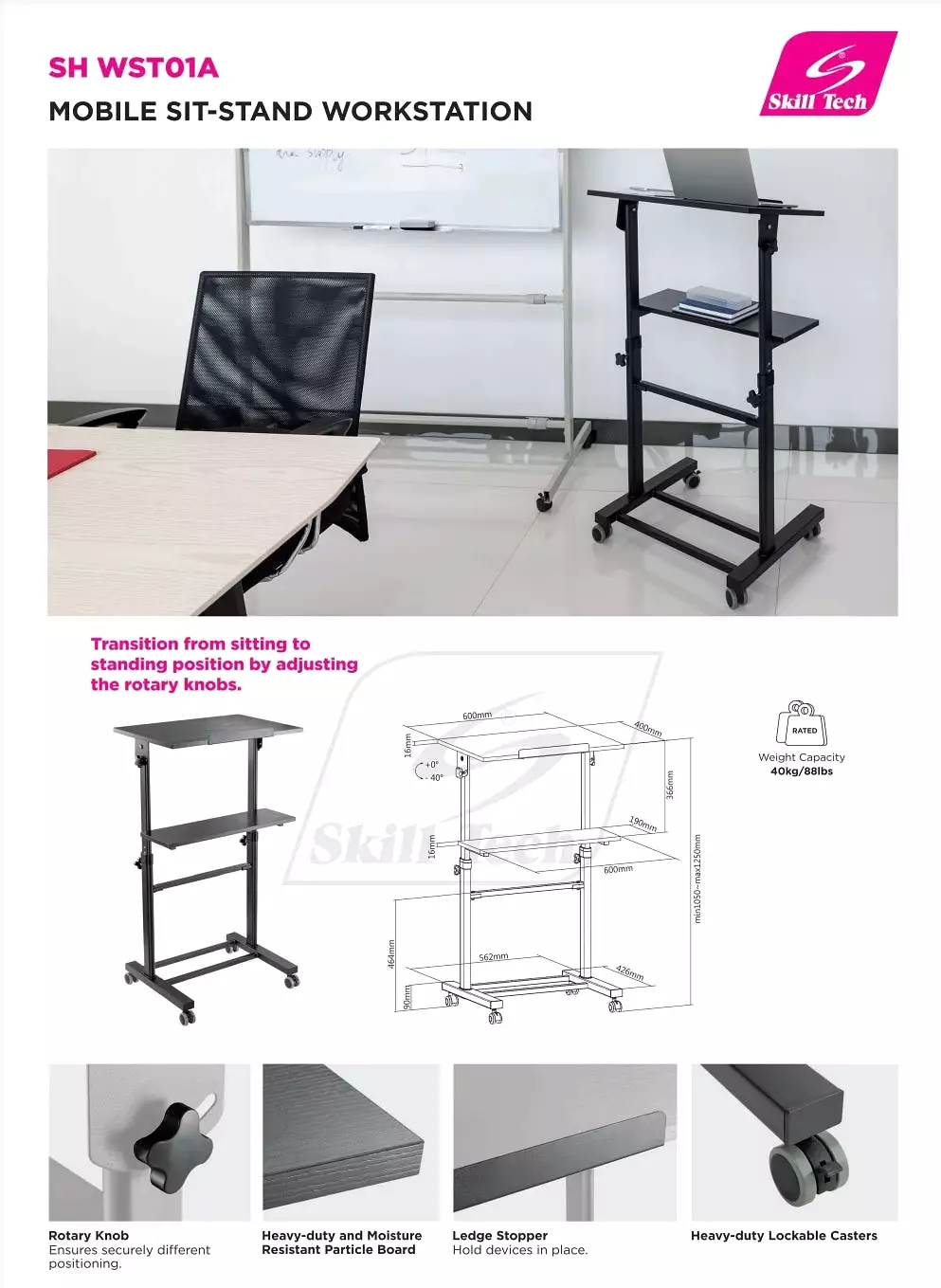 Height Adjustable Mobile Workstation With Tiltable Desktop Mount SH-WS-T01A