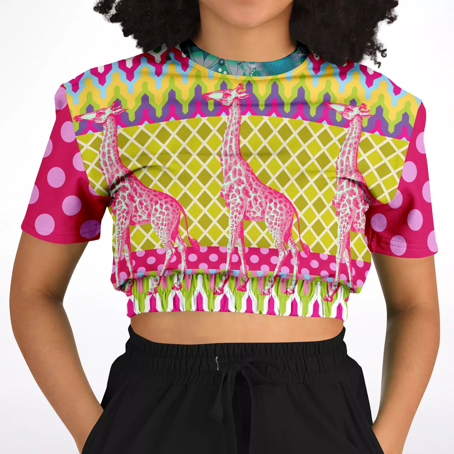 Hello Janis! Pink Geo Giraffe Print Short Sleeve Cropped Sweater