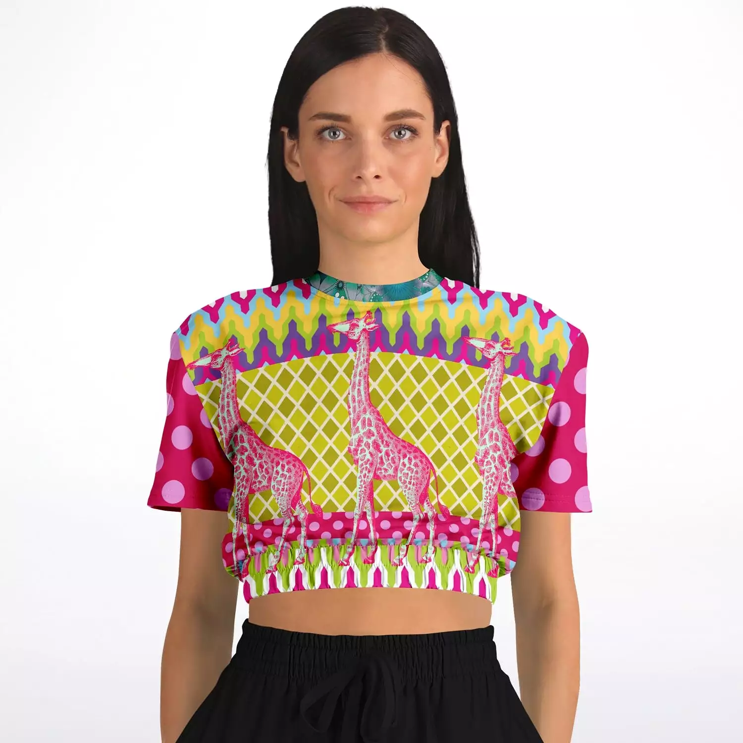 Hello Janis! Pink Geo Giraffe Print Short Sleeve Cropped Sweater