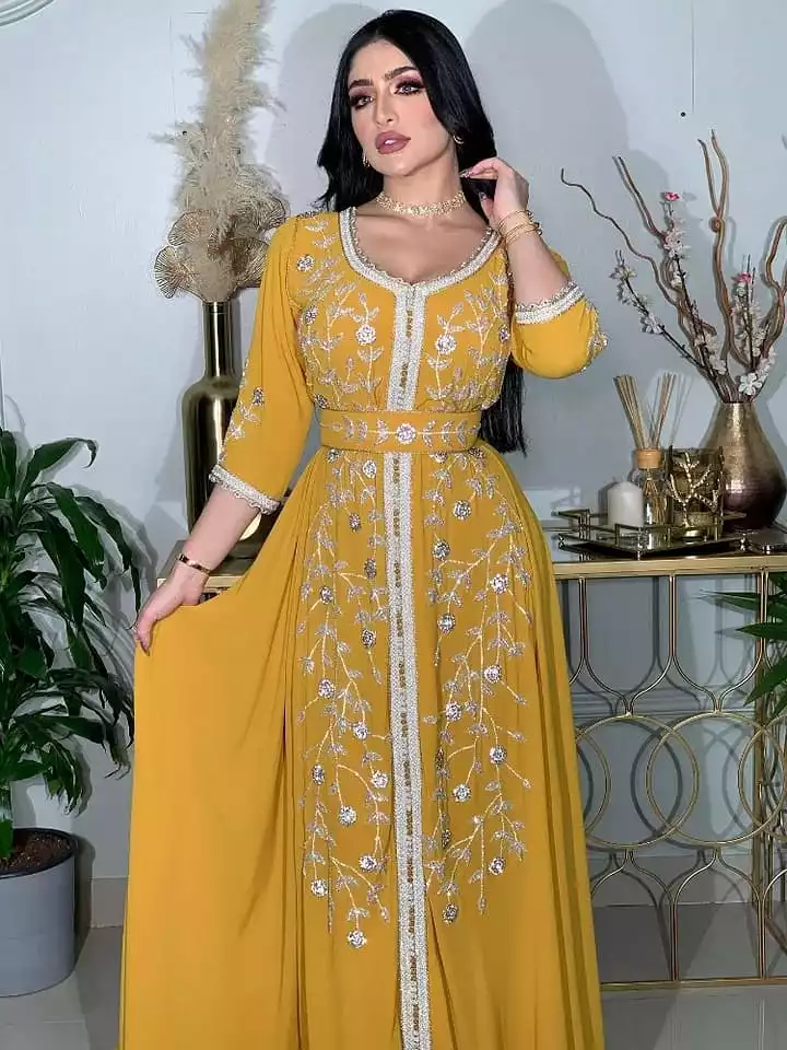 India Muslim Abaya Dresses Women Wedding Evening Party Dress Elegant Lace-up Turkey Diamond Belted Jilbab Morocco Caftan l S4833