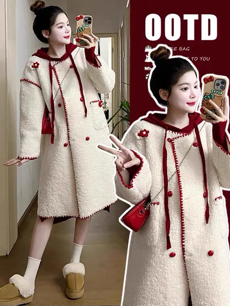 Maternity wear autumn and winter 2023 new dress suit thickened lamb wool hooded long coat maternity winter wear (D7770)