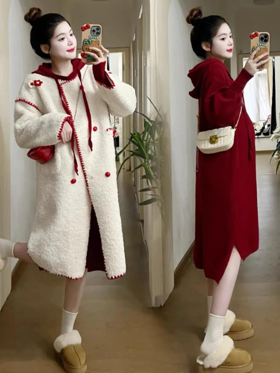 Maternity wear autumn and winter 2023 new dress suit thickened lamb wool hooded long coat maternity winter wear (D7770)