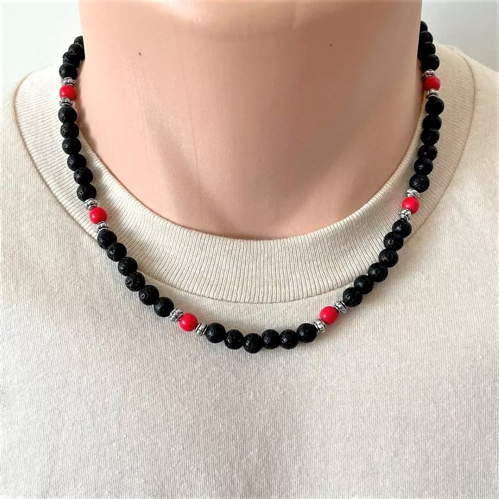 Mens Black Lava and Red Czech Beaded Necklace