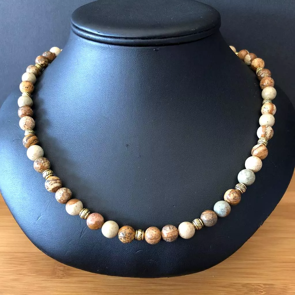 Mens Picture Jasper and Gold Beaded Necklace