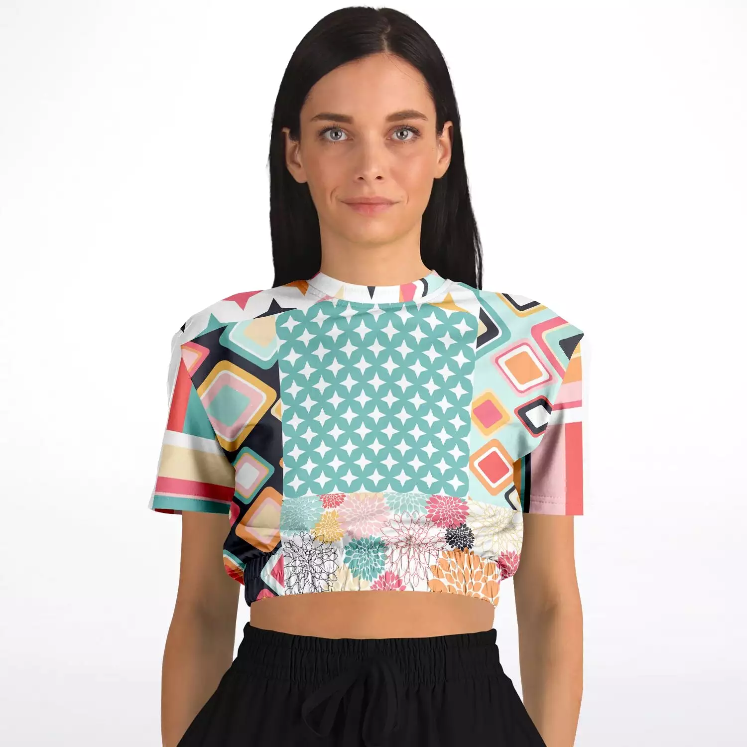 Old Miami Geometric Trefoil Short Sleeve Cropped Eco-Poly Sweater