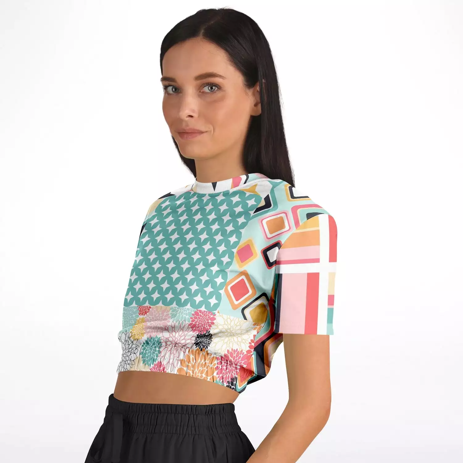 Old Miami Geometric Trefoil Short Sleeve Cropped Eco-Poly Sweater