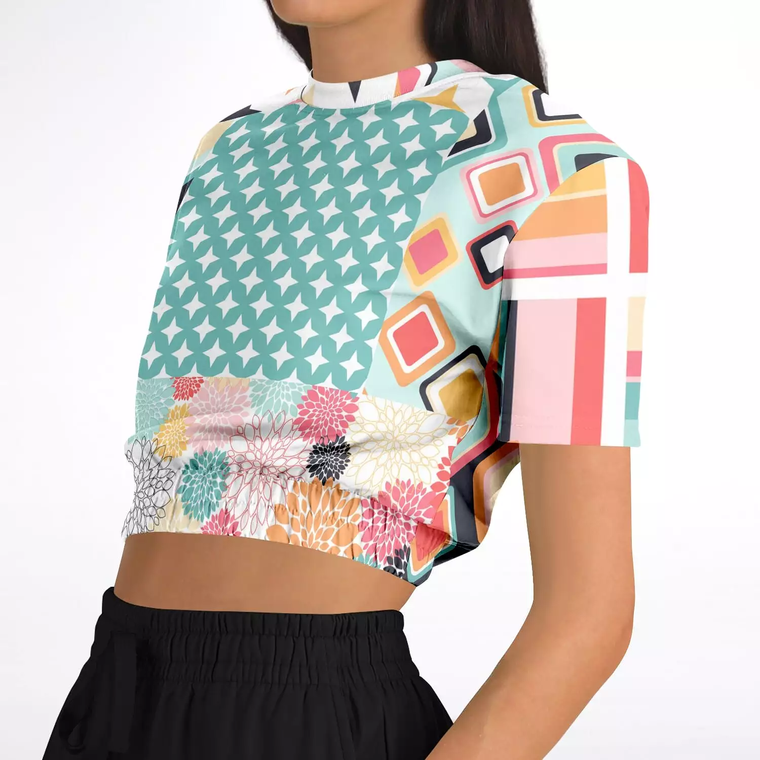 Old Miami Geometric Trefoil Short Sleeve Cropped Eco-Poly Sweater