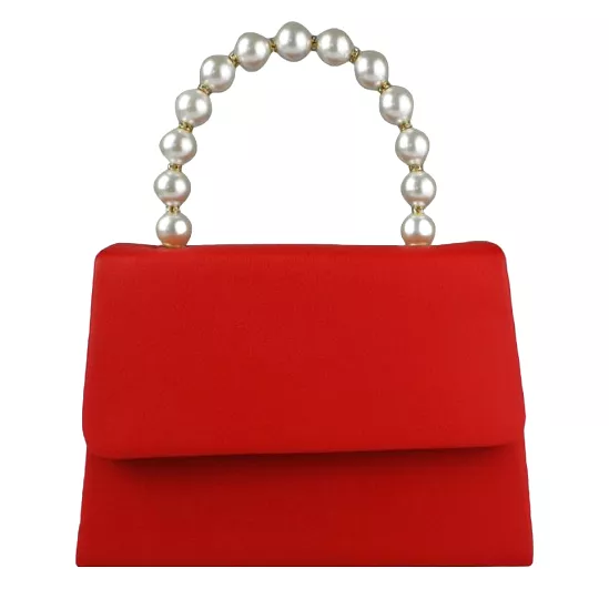 Pearl Bead Handle Red Clutch Handbag