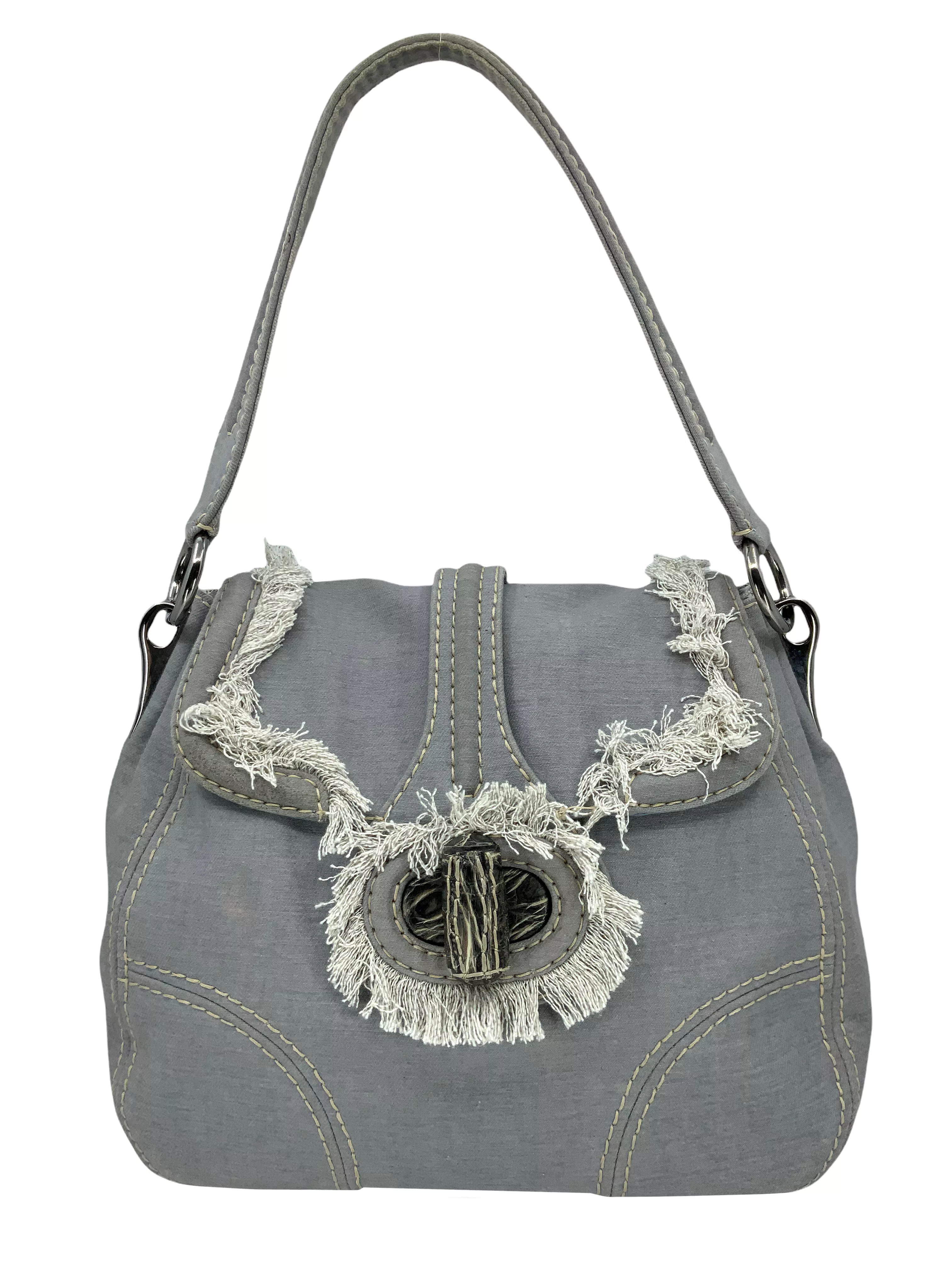 Prada Pattina Sottospalla Denim Fringe Large Flap Bag