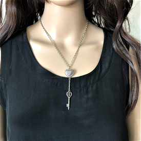 Silver Bubble Heart and Key Lariat Necklace