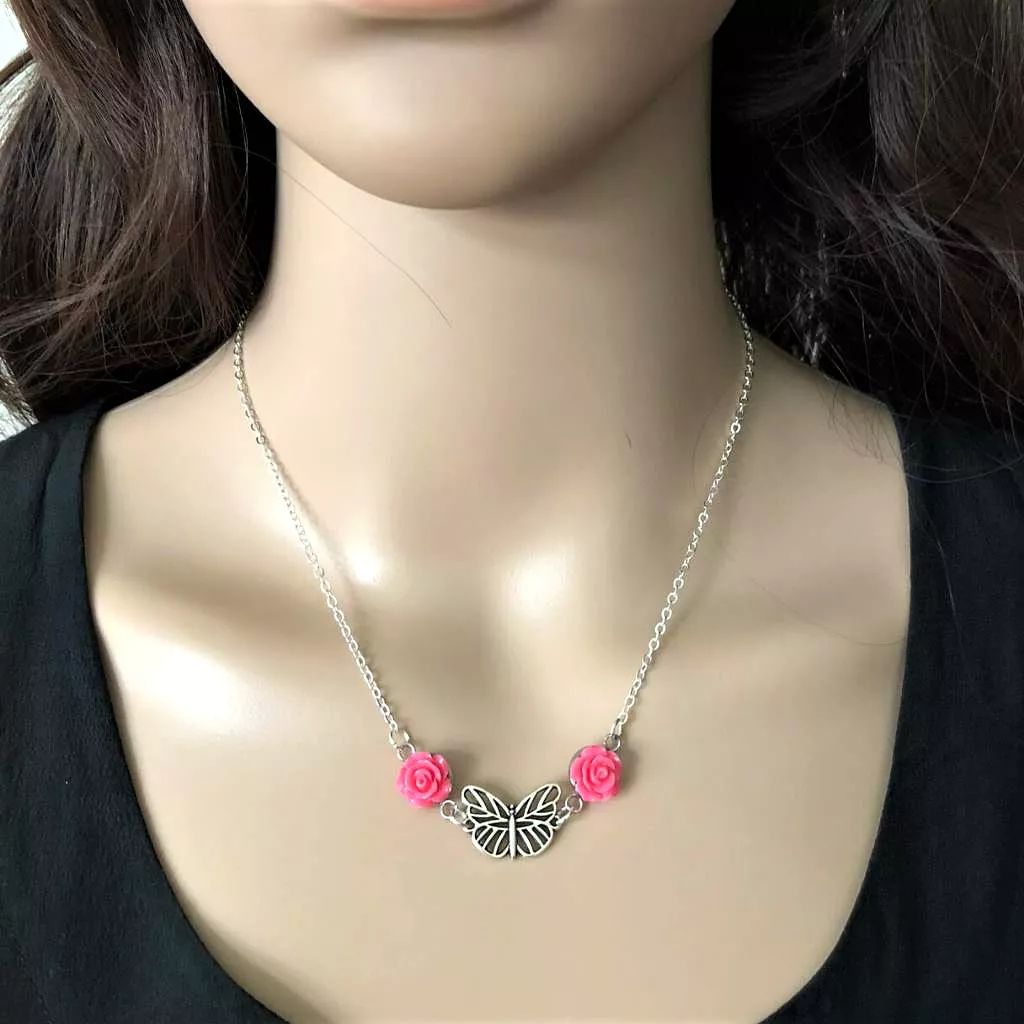 Silver Butterfly Necklace With Pink Roses