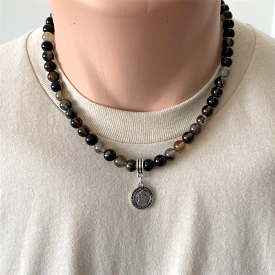 Smoky Black Agate St. Anthony Mens Beaded Necklace