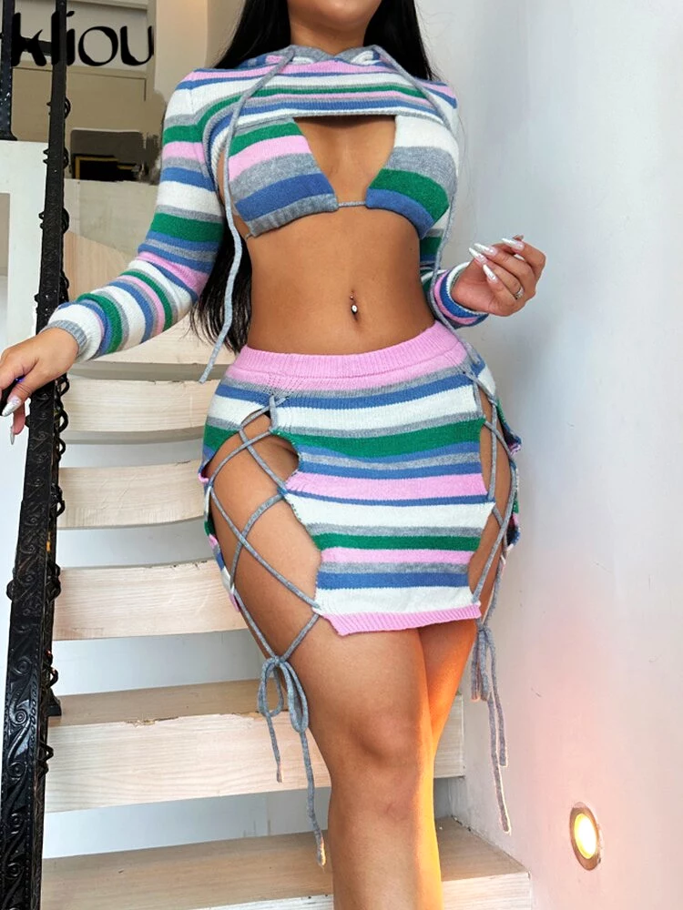 Striped Patchwork Ribbons Three Piece Set Women Halter Bandage Bikini+Full Sleeve Hooded Tops+Drawstring Hip Skirts Outfit