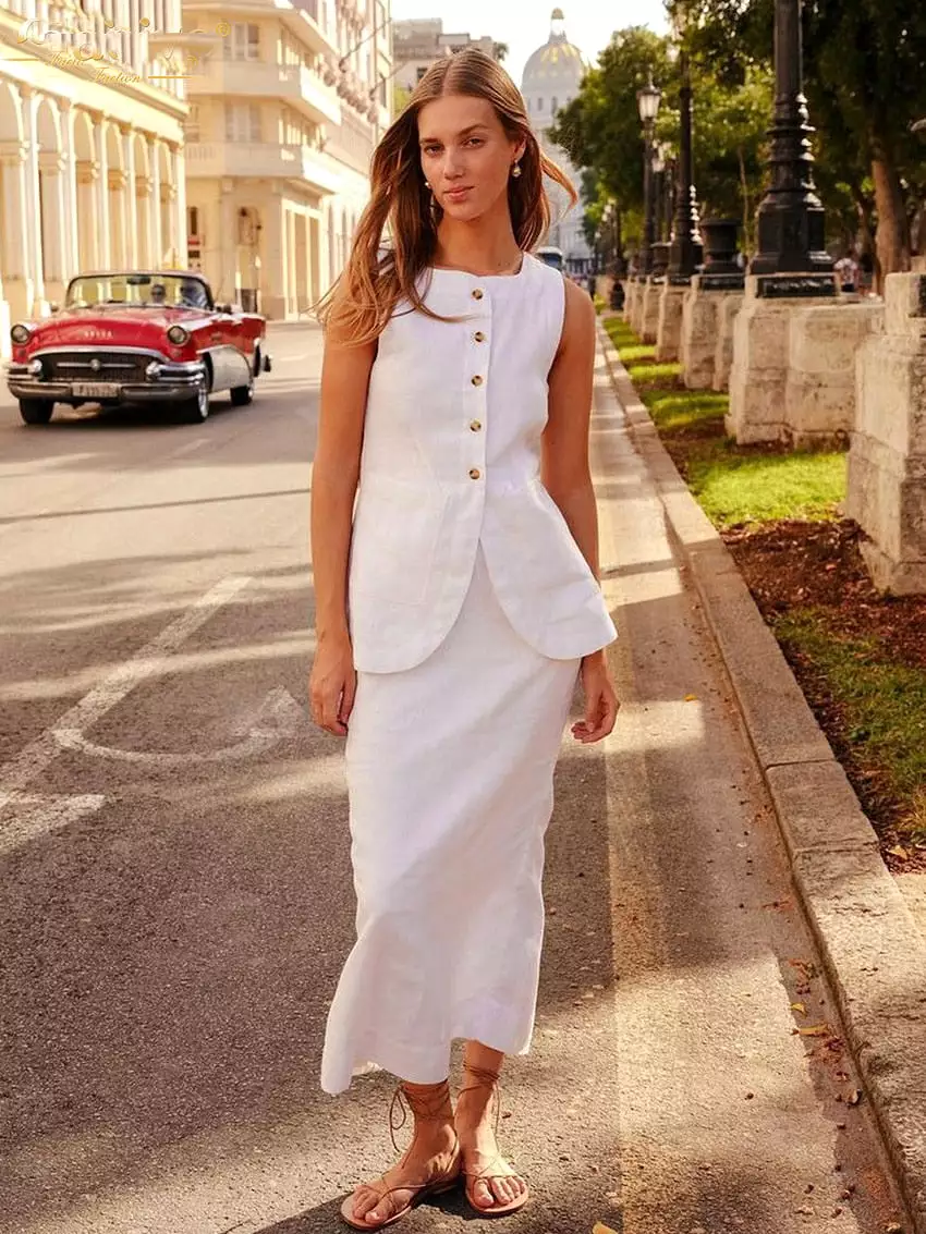 Summer Slim White Cotton Two Piece Set Women Outfit 2023 Elegant