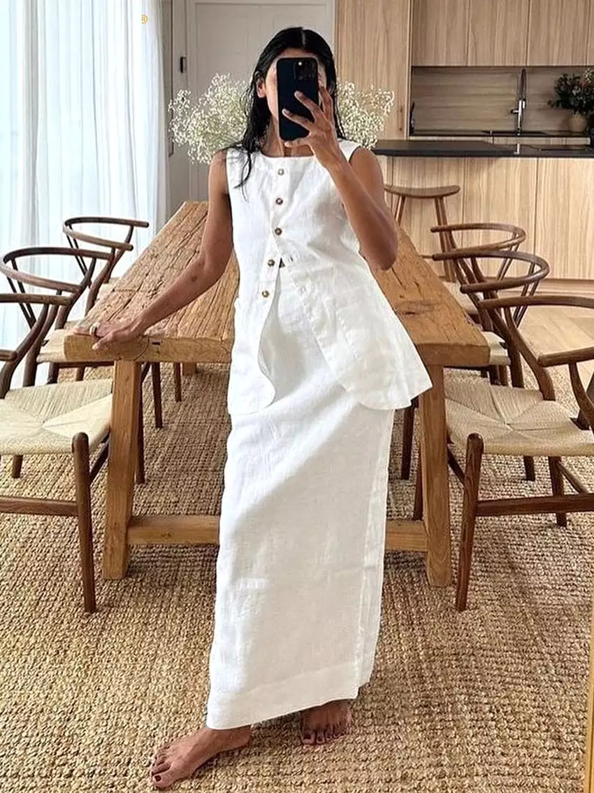 Summer Slim White Cotton Two Piece Set Women Outfit 2023 Elegant