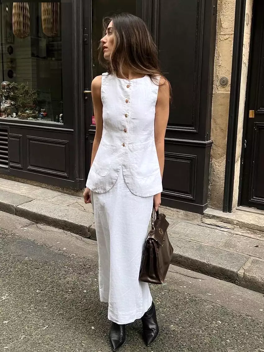 Summer Slim White Cotton Two Piece Set Women Outfit 2023 Elegant