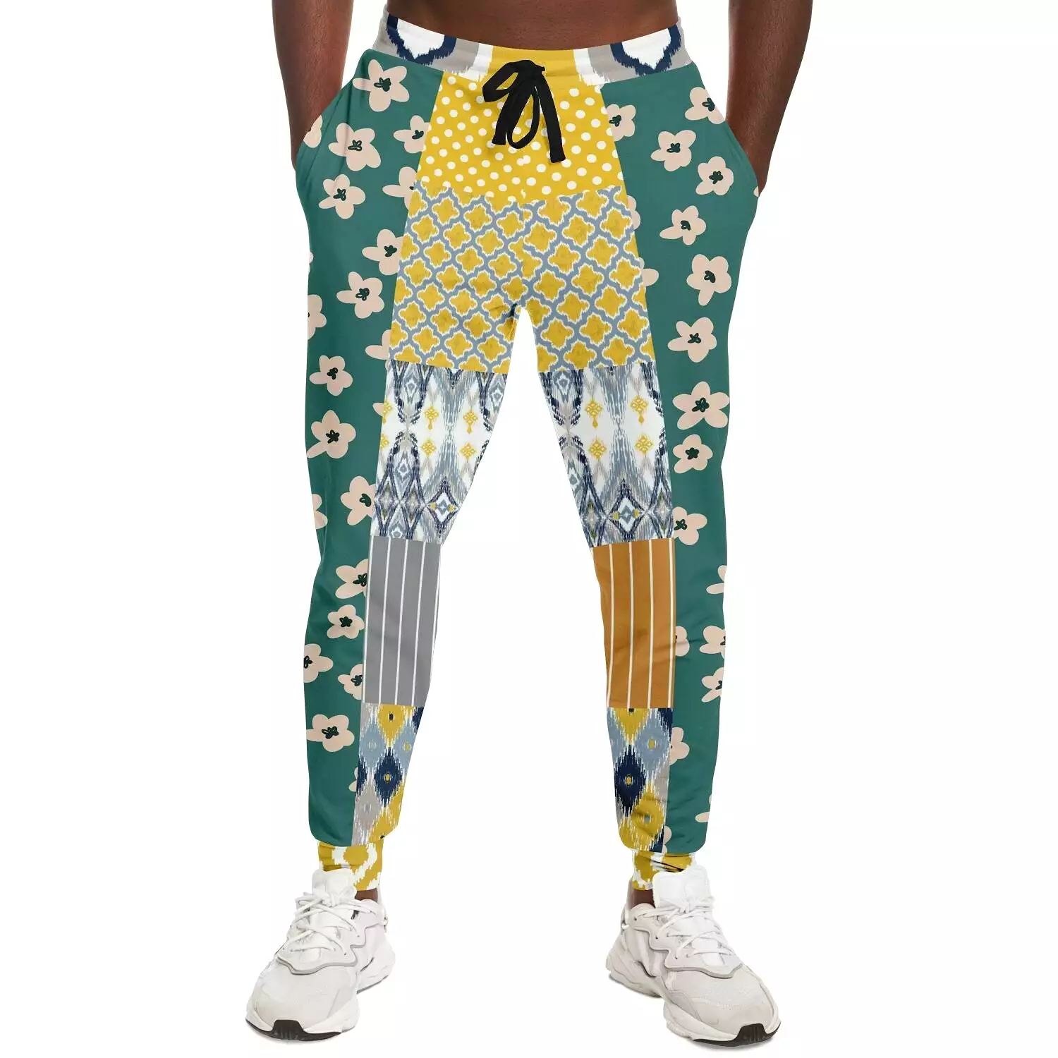 Tallulah Bankhead Yellow Ikat Patchwork Unisex Fleece Joggers