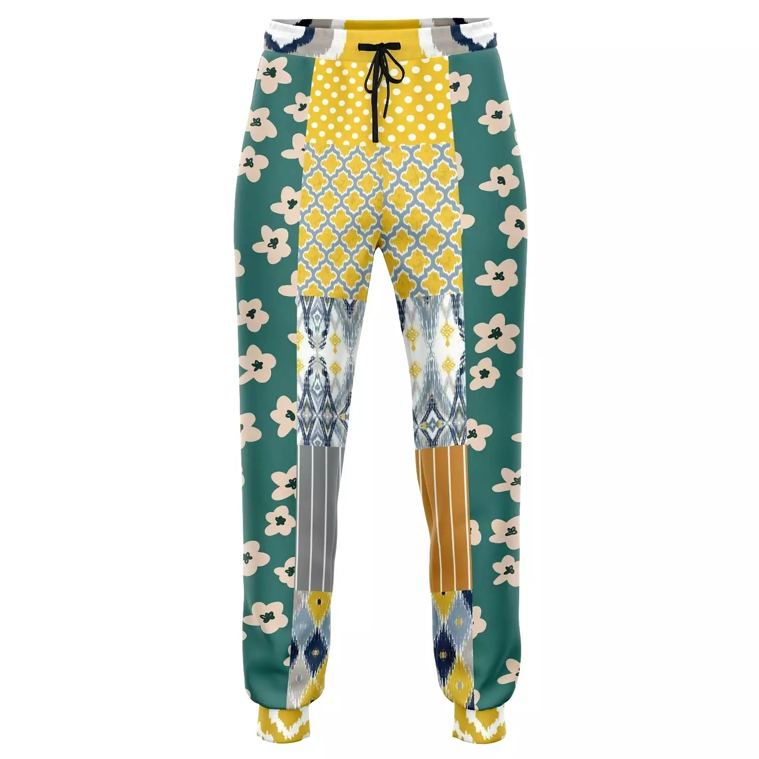 Tallulah Bankhead Yellow Ikat Patchwork Unisex Fleece Joggers