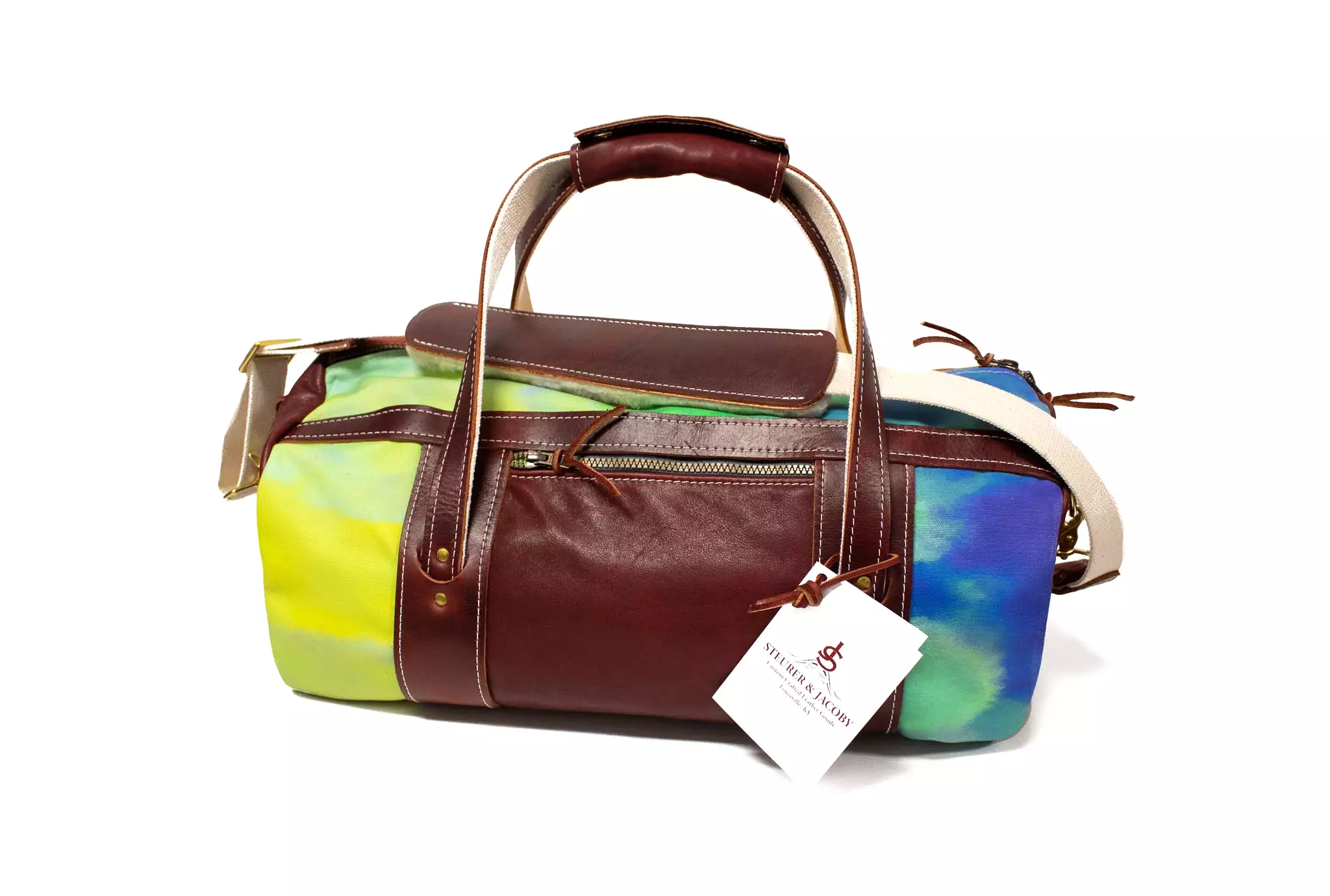 Tie Dye and Burgundy Leather Club Duffel Bag